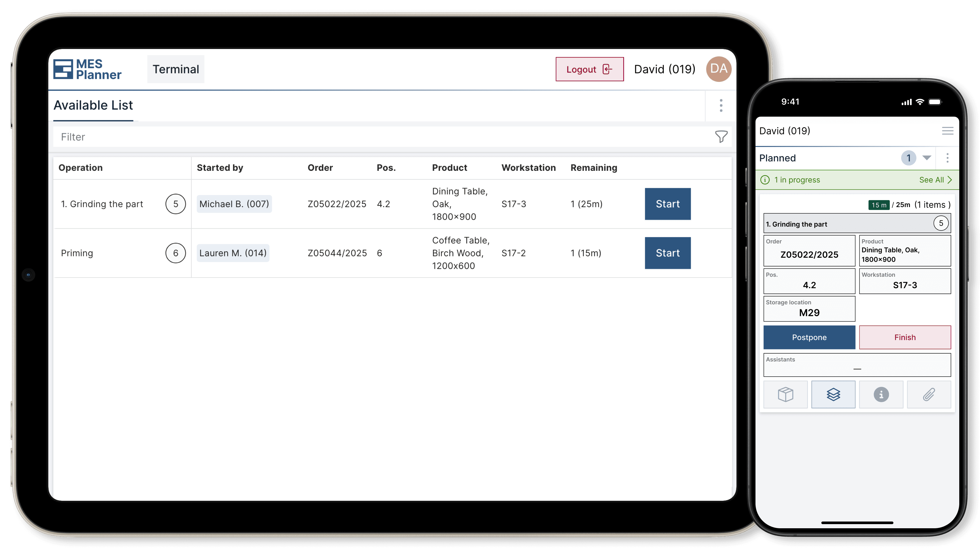 MesPlanner operator terminal on a tablet next to the mobile task view on a phone